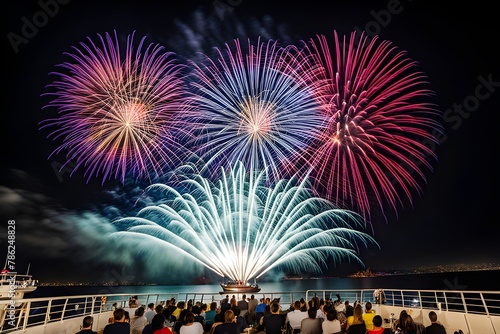 sea, ship, fireworks