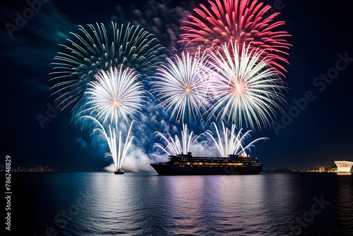 sea, ship, fireworks