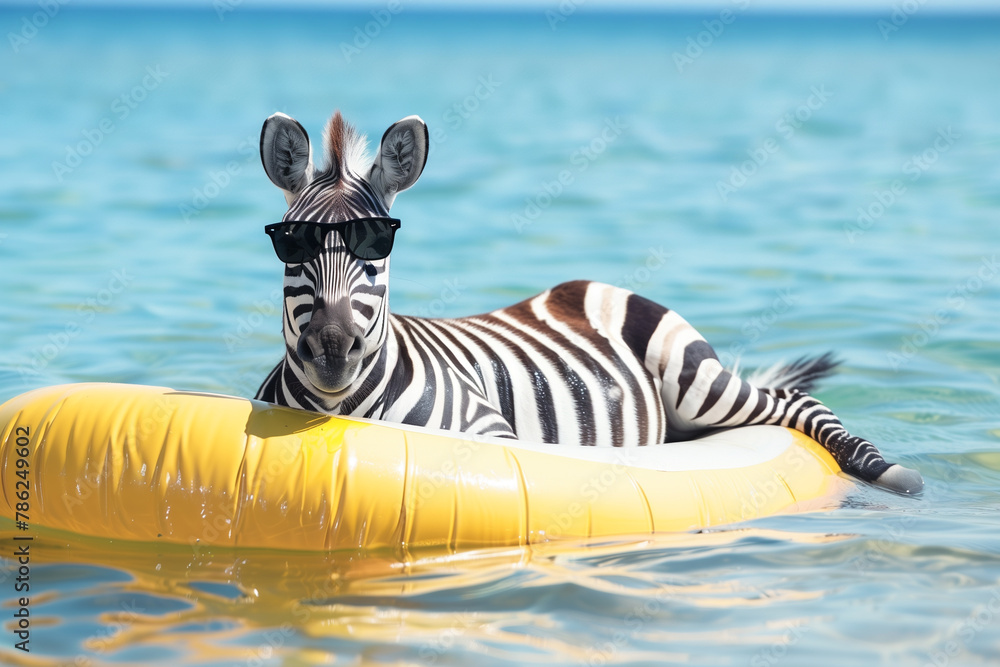 Fototapeta premium zebra in sunglasses lies on an air mattress in the sea - vacation on the beach