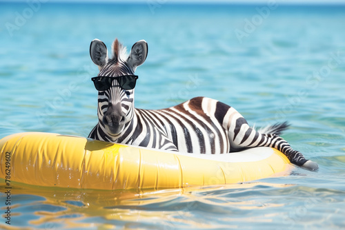 zebra in sunglasses lies on an air mattress in the sea - vacation on the beach photo