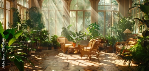 A vibrant conservatory filled with exotic plants, wicker furniture, and streaming sunlight.
