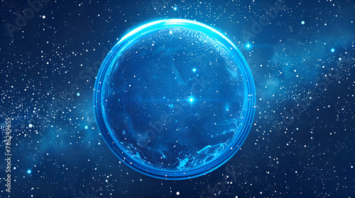 a blue circle in the center, with stars and dots surround it, glass asmaterial, flatness of space, in the style of vibrant stage backdrops, technological design, Internet Style, high horizon lines photo