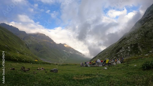 Timelapse of mountains of Pin Bhaba pass trek in Himalayan mountain valley. Natural mountain landscape. photo