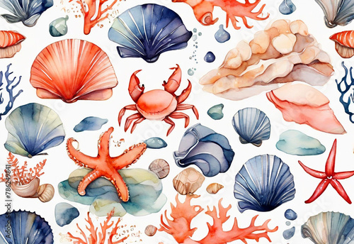 Seamless pattern with seashells and crab. Hand drawn watercolor illustration