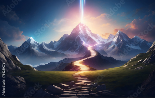 The concept of the path to success, depicted by a glowing light pathway ascending a mountain design