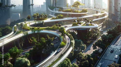 A green, sustainable highway blends harmoniously with a bustling cityscape, promoting eco-conscious urban living.