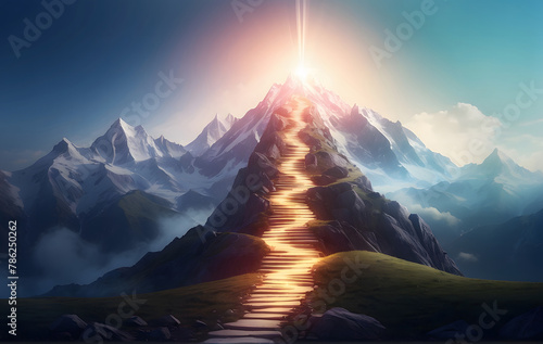 The concept of the path to success, depicted by a glowing light pathway ascending a mountain design