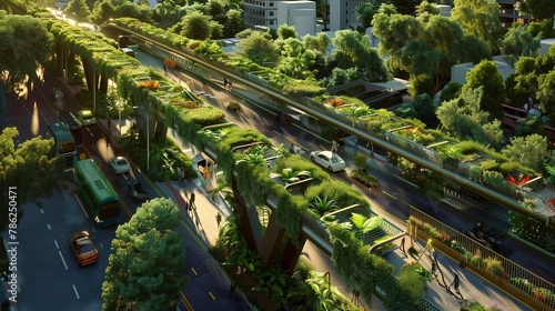 A verdant bridge connects lush green spaces over a bustling, sustainable urban highway.