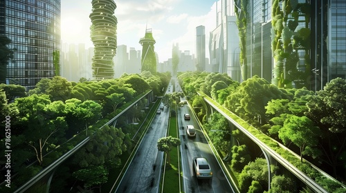 Clean-energy vehicles navigate a futuristic highway surrounded by greenery within a bustling metropolis.