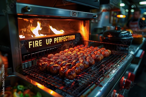 Luxurious grilling experience captured in action, with juicy barbeque food cooking over flames, under the inspirational 'Fire Up Perfection' motto, inside a bustling kitchen.