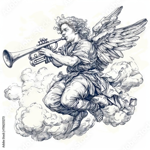 an old sketch of a Angel flying and trumpet on pipe, Sketch, Drawing, Line Art, Archaeological Illustration " ai generated "