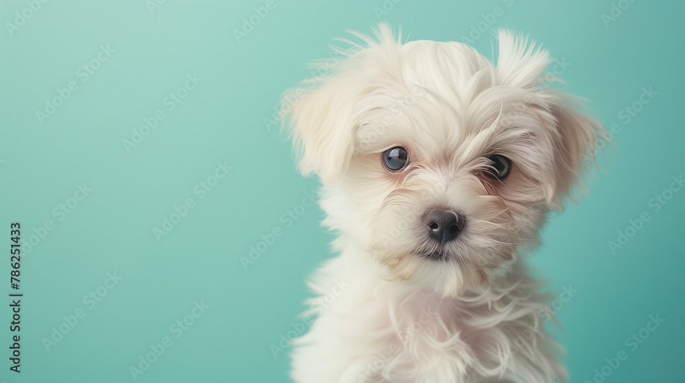 A cute white puppy on it is on blue background with copy space