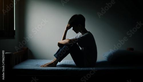 ベッドの上に座る男の子のシルエット