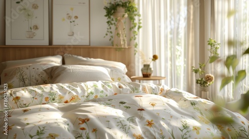 Sunlit cozy bedroom with a botanical-themed bedding and a serene, natural ambiance.