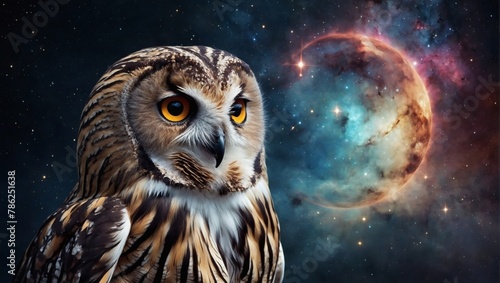 Mystical owl and celestial nebula, symbol of cosmic wisdom