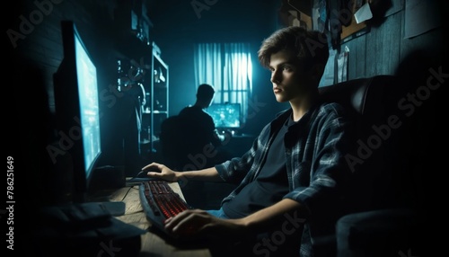 パソコンでオンラインゲームをする青年。