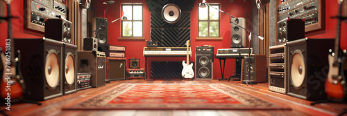 A Vintage music studio interior with guitar amplifier speakers and vinyl records studio filled with musical glossy small windows clean floor red  photo