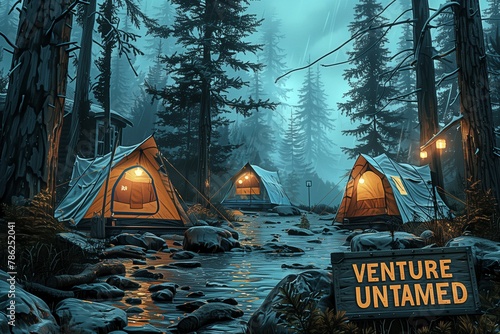 A fog-laden forest, this Creekside campsite, illuminated by the gentle glow of lanterns, echoes the wild call of the outdoors with a 'Venture Untamed' sign beckoning.