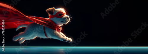 A carnivore dog is flying through the air wearing a red cape and mask