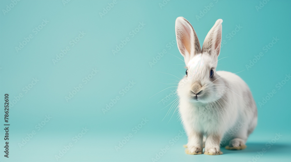 Obraz premium rabbit on blue background with copy space