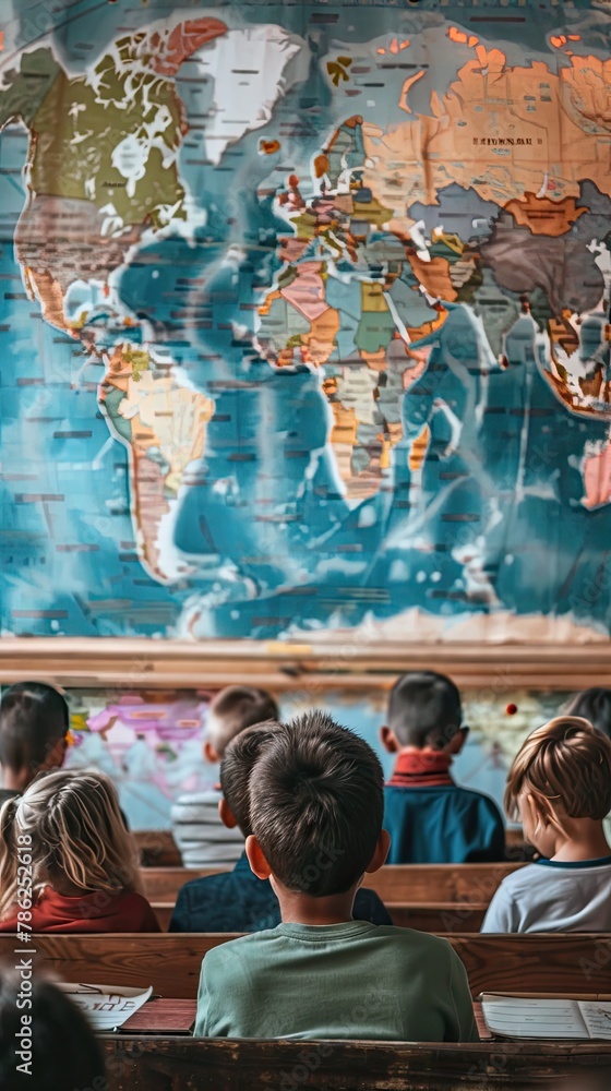 Classroom with a world map and students studying different cultures Classroom with a world map and students studying different cultures