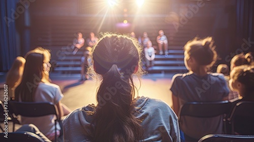 High school drama class rehearsing a play on stage photo
