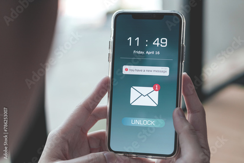 Electronic mail. Notification of new message inbox on mobile phone. concept of Marketing and business by emails, newsletters, and online internet coordination