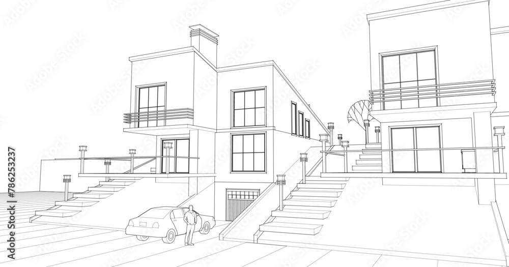 townhouse architectural sketch 3d illustration	