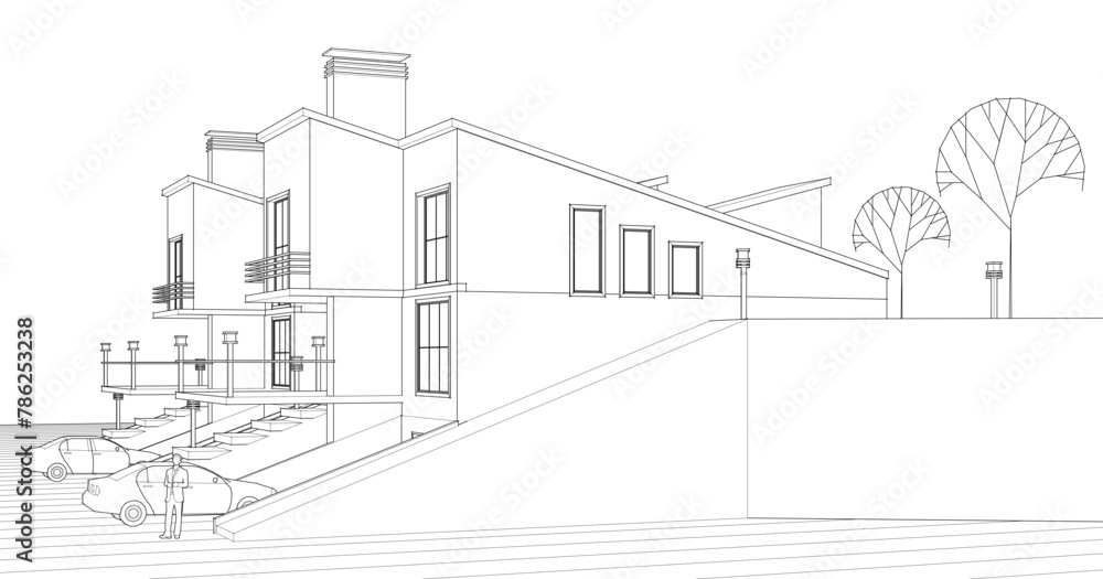 townhouse architectural sketch 3d illustration	
