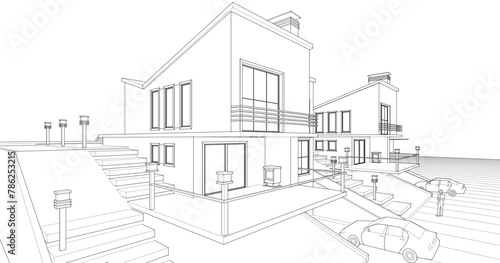 townhouse architectural sketch 3d illustration 