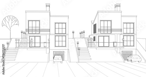 townhouse architectural sketch 3d illustration	