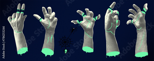 Collage elements hand palm with green slime. Halloween halftone zombie hands, severed fingers . Decoration banner for 31 Oktober events. Trendy poster in paper cut style. Vector illustration.