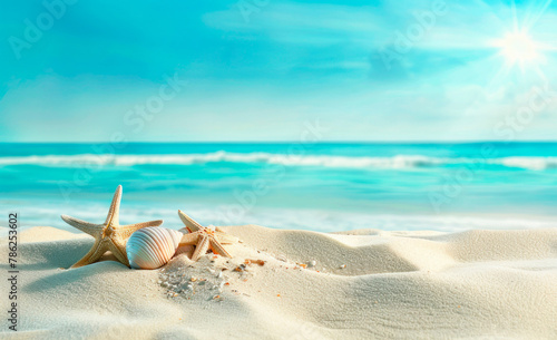 Starfish and seashells rest on powdery white sand as clear blue waves gently lap the shore, with the sun shining brightly in a clear blue sky.