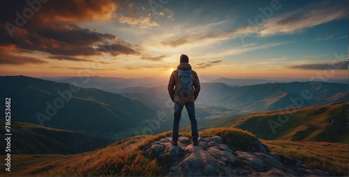 A traveler and Adventurous man on top of the mountain at sunset and enjoying view of nature