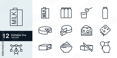 Dairy and milk products editable stroke outline icons set isolated on white background flat vector illustration.