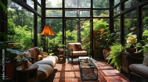 Contemporary sunroom melding seamlessly with verdant garden oasis.