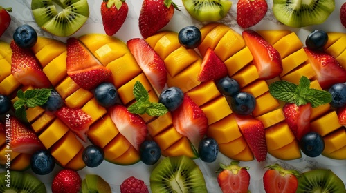 Fruit platter arranged in a geometric pattern, with a vibrant array of fresh fruits such as strawberries, kiwis, mangoes, and blueberries arranged on a sleek marble surface and garnished with fresh mi