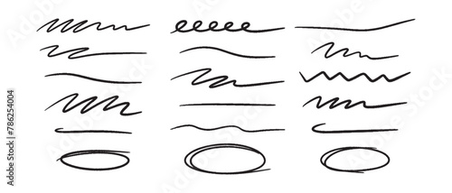 Marker scribble elements collection. Hand drawn strokes, underlines, wave brush marks.Vector set isolated on white background.