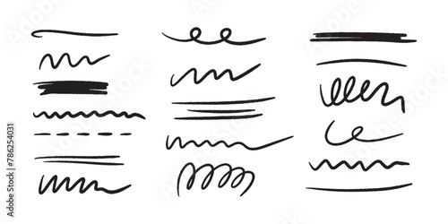 Marker scribble elements collection. Hand drawn strokes, underlines, wave brush marks.Vector set isolated on white background.