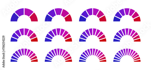 Gauge icons for speedometer, parking meter, thermometer, performance monitor, circle infographics. Measuring low and high levels of barometer, car dashboard.