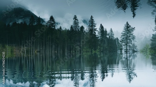 A Scene of Trees and Mountains Reflected in a Body of Water