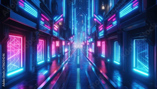 Vibrant neon lights line a modern server room, creating a visually stunning corridor within a futuristic data center.