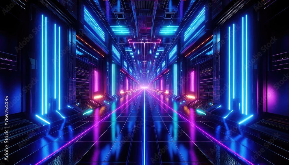 Obraz premium Vibrant neon lights line a modern server room, creating a visually stunning corridor within a futuristic data center.