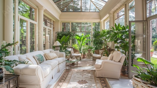 Elegantly designed conservatory embracing lush greenery, a serene haven within.