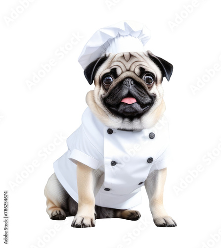Pug in white chef cap and chef uniform cut out. Pug PNG. Pet store, dog food, balanced nutrition, pet care, premium pet food