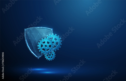 Abstract blue futuristic guard shield and cogwheels. Protection, cyber security and insurance concept. Low poly digital style. Geometric background. Wireframe connection structure. 3d graphic. Vector