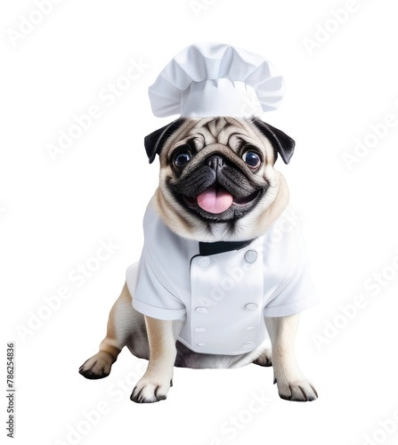 Pug in white chef cap and chef uniform cut out. Pug PNG. Pet store, dog food, balanced nutrition, pet care, premium pet food