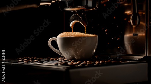 A cup of homemade coffee, rich with coffee foam, coffee pouring from the coffee machine into the cup.