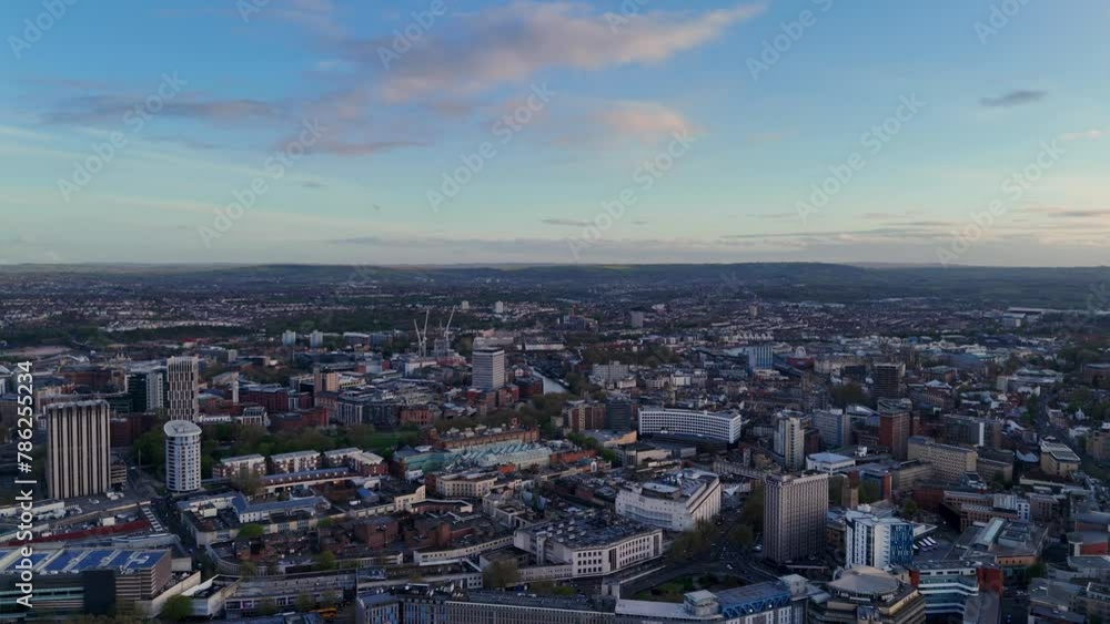 Bristol city centre, UK cityscape during evening, golden hour, sunset filmed by 4K drone Bristol city centre, UK cityscape during evening, golden hour, sunset filmed by 4K drone