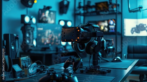 A virtual reality gaming setup, with a headset, controllers, and sensors,